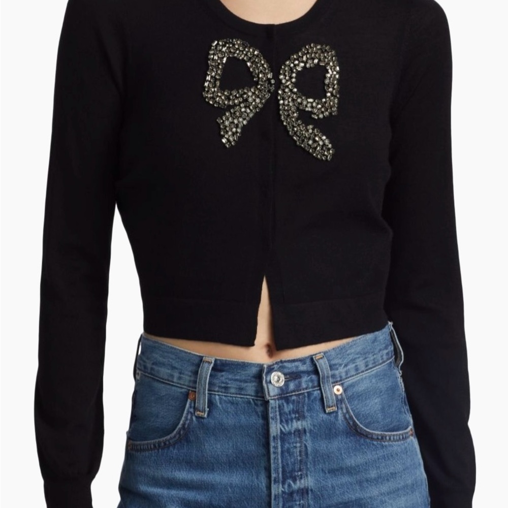 Black Long Sleeve Top with Rhinestone Bow NWT